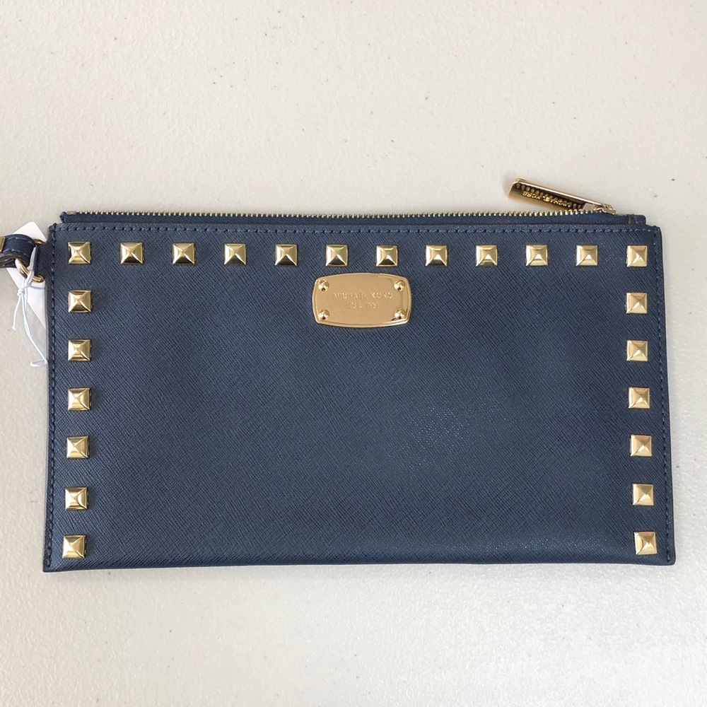 Michael Kors Navy Leather Zip Clutch with Gold Studs